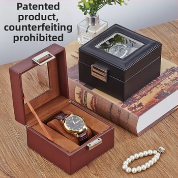 Bőr óratároló doboz 1 rekesz, átlátszó fedéllel, otthoni használatra, súly 246 g