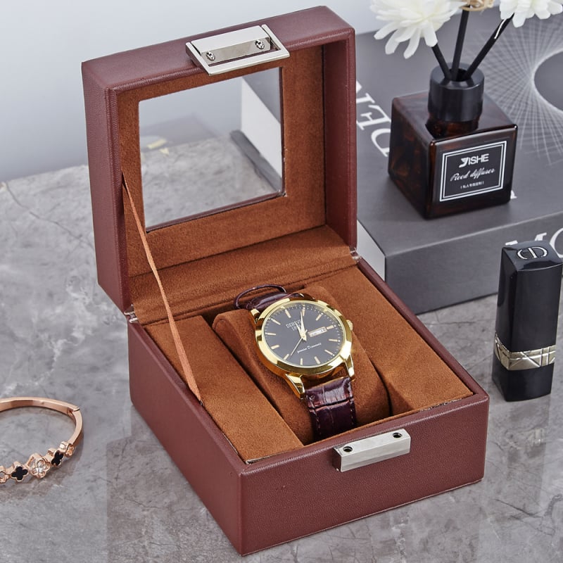 Bőr óratároló doboz 1 rekesz, átlátszó fedéllel, otthoni használatra, súly 246 g