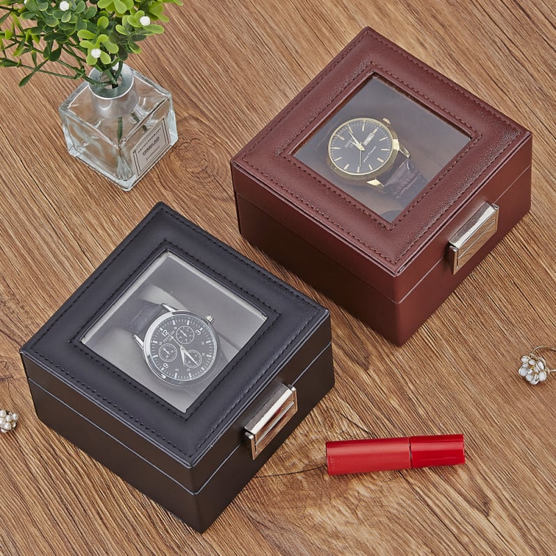 Bőr óratároló doboz 1 rekesz, átlátszó fedéllel, otthoni használatra, súly 246 g