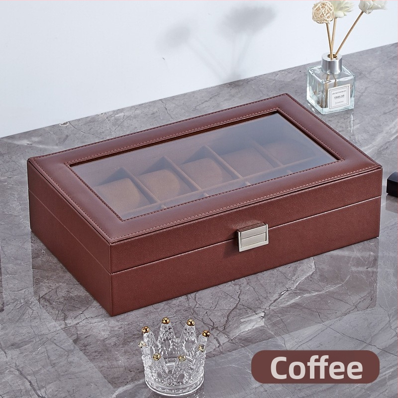 Bőr óratároló doboz 1 rekesz, átlátszó fedéllel, otthoni használatra, súly 246 g