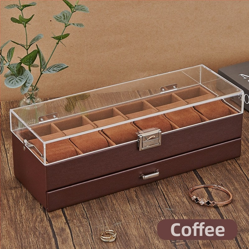 Bőr óratároló doboz 1 rekesz, átlátszó fedéllel, otthoni használatra, súly 246 g