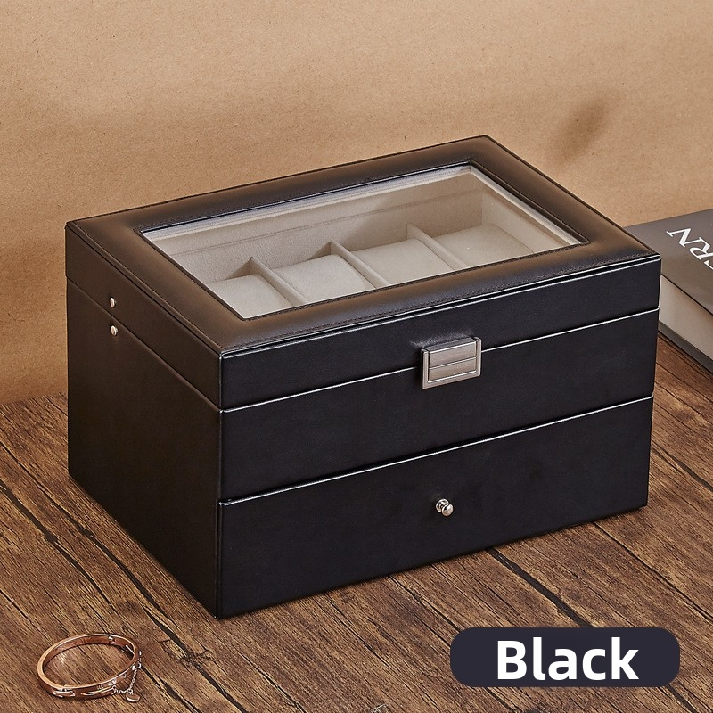 Bőr óratároló doboz 1 rekesz, átlátszó fedéllel, otthoni használatra, súly 246 g