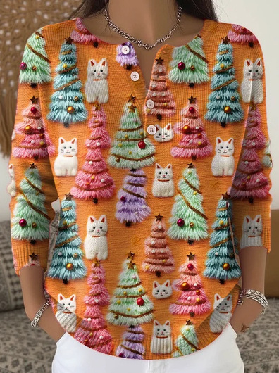 3D nyomtatású polo pulóver, hosszú ujjú, poliészter anyag, 4 gombos placket, lazább japán-koreai stílus (3D nyomtatás; 4 gombos placket; poliészter 95%+; hosszú ujjú)