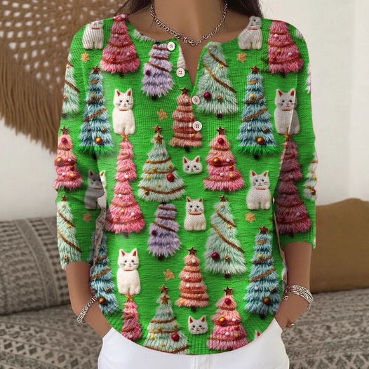 3D nyomtatású polo pulóver, hosszú ujjú, poliészter anyag, 4 gombos placket, lazább japán-koreai stílus (3D nyomtatás; 4 gombos placket; poliészter 95%+; hosszú ujjú)