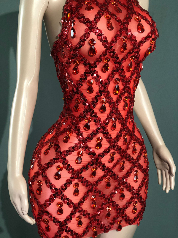 Korta vakarinė suknelė be rankovių su tinklinio audinio, aukštu kaklu ir spindinčiais kristalais (Audinys: Spandex; Lankstumas: >95%; Sezona: 2024 m. pavasaris)