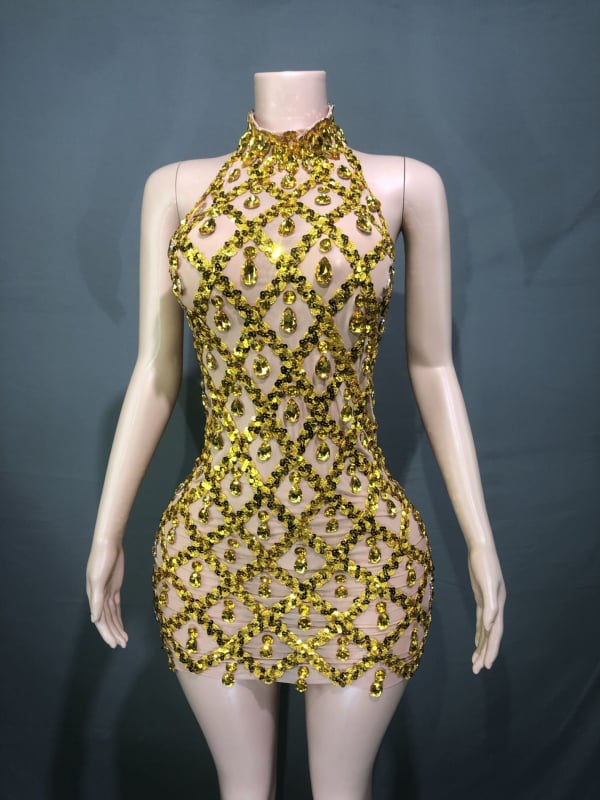 Korta vakarinė suknelė be rankovių su tinklinio audinio, aukštu kaklu ir spindinčiais kristalais (Audinys: Spandex; Lankstumas: >95%; Sezona: 2024 m. pavasaris)