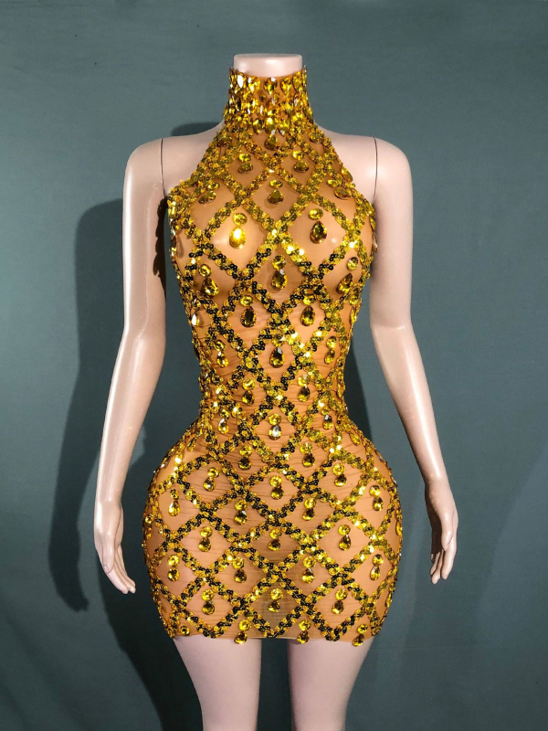 Korta vakarinė suknelė be rankovių su tinklinio audinio, aukštu kaklu ir spindinčiais kristalais (Audinys: Spandex; Lankstumas: >95%; Sezona: 2024 m. pavasaris)