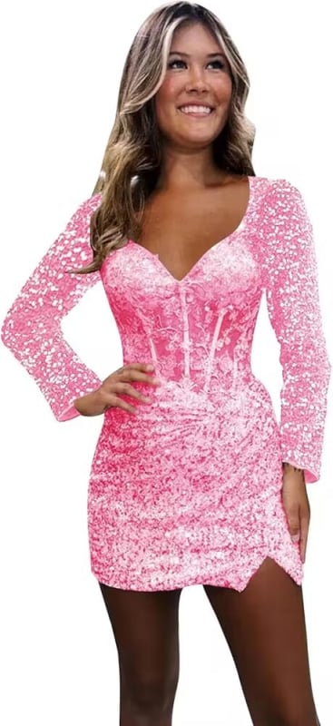 Вечерна рокля с дълги ръкави, дълбоко V-образно деколте, пайети и дантела, бляскави апликации, Пролет 2025