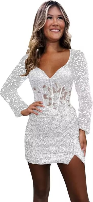 Вечерна рокля с дълги ръкави, дълбоко V-образно деколте, пайети и дантела, бляскави апликации, Пролет 2025