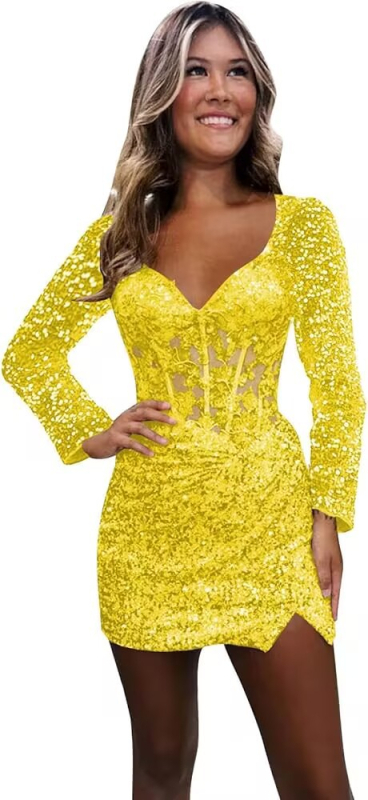 Вечерна рокля с дълги ръкави, дълбоко V-образно деколте, пайети и дантела, бляскави апликации, Пролет 2025