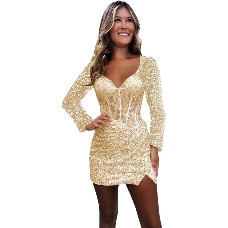 Вечерна рокля с дълги ръкави, дълбоко V-образно деколте, пайети и дантела, бляскави апликации, Пролет 2025