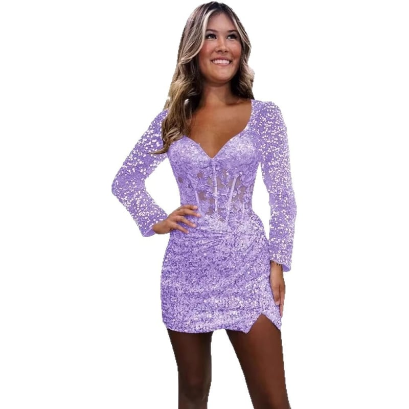 Вечерна рокля с дълги ръкави, дълбоко V-образно деколте, пайети и дантела, бляскави апликации, Пролет 2025