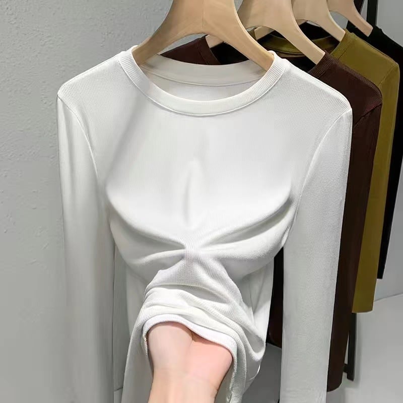 Топ от модал с дълги ръкави, кръгло деколте, едноцветен, слим фит