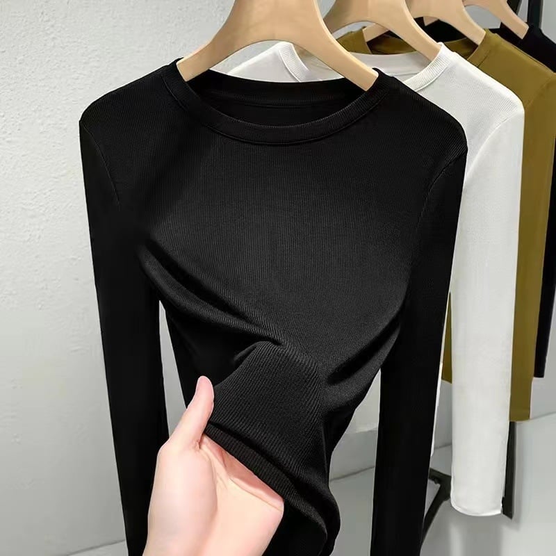 Топ от модал с дълги ръкави, кръгло деколте, едноцветен, слим фит