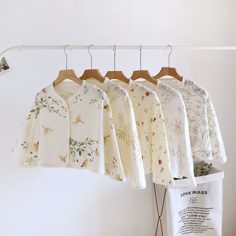 Ženski pončo za ramena od čiste pamucne gaze, ženska spavaća pidžama za proleće-leto-jesen, jednostavan stil, karikatura uzorak, održava toplinu