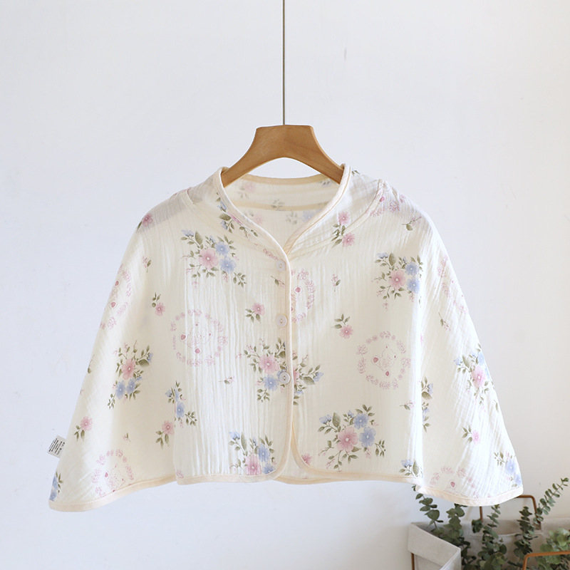 Ženski pončo za ramena od čiste pamucne gaze, ženska spavaća pidžama za proleće-leto-jesen, jednostavan stil, karikatura uzorak, održava toplinu