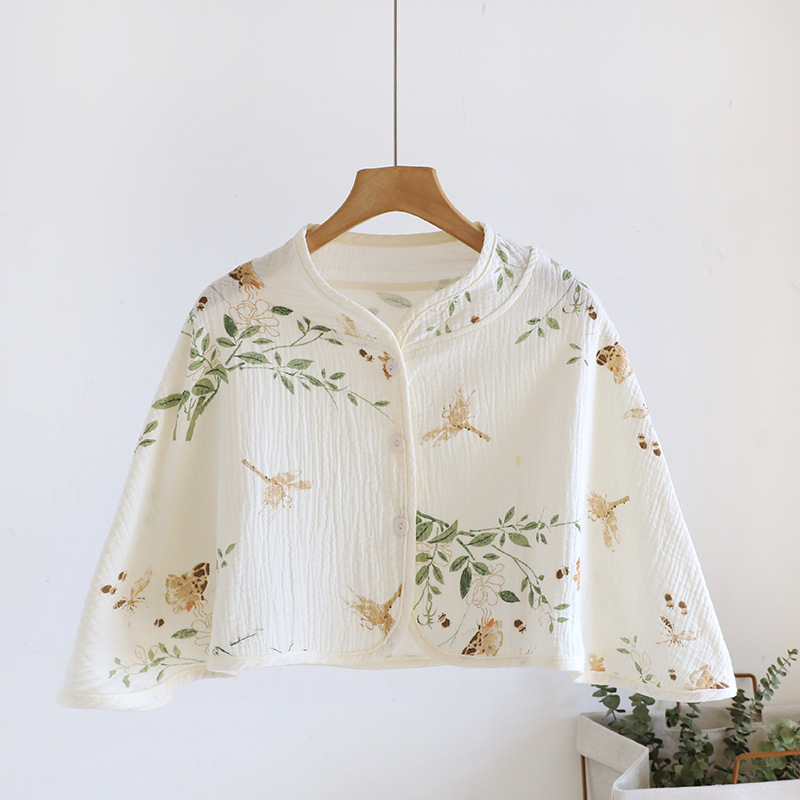 Ženski pončo za ramena od čiste pamucne gaze, ženska spavaća pidžama za proleće-leto-jesen, jednostavan stil, karikatura uzorak, održava toplinu