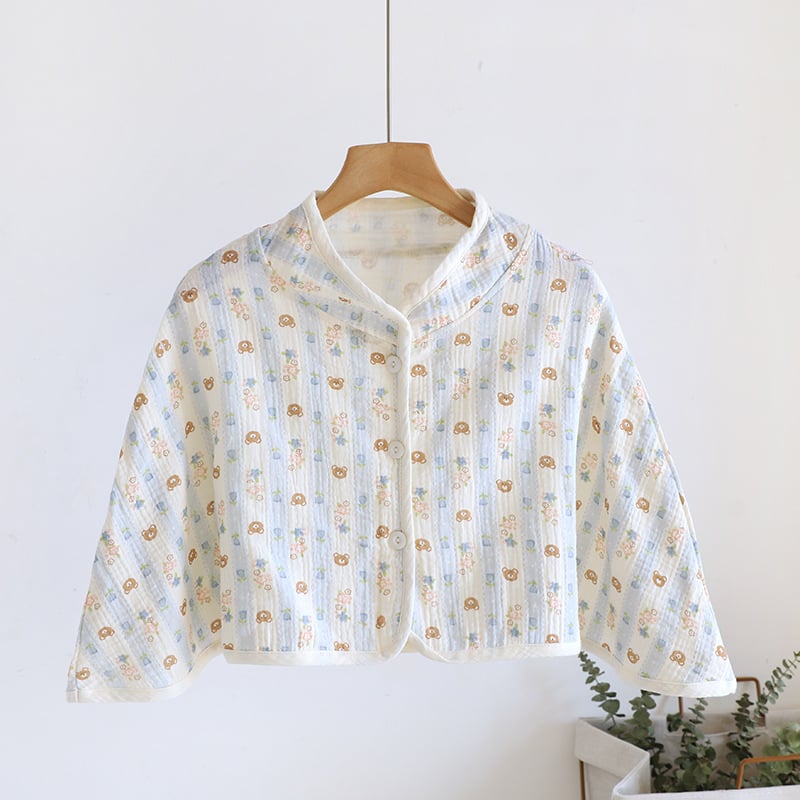 Ženski pončo za ramena od čiste pamucne gaze, ženska spavaća pidžama za proleće-leto-jesen, jednostavan stil, karikatura uzorak, održava toplinu