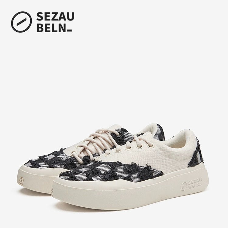 SEZAU-BELN sportiniai bateliai — apvali nosis, drobės viršus, žemas siluetas, klininis kulnas 3–5 cm, gumos padas