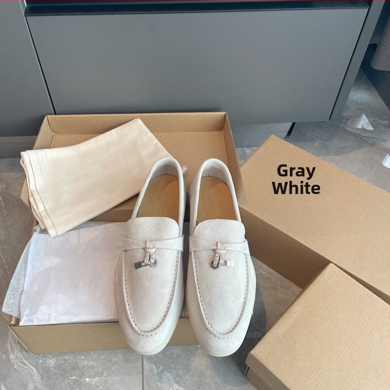 Unisex suede loaferiai, slip-on, apvali nosis, avies odos viršus, gumos padas