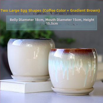 Keramikas puķu pods ar paliktni, olu formā, vienkāršs stils, stāvošs uz grīdas, piemērots mājas un dārza audzēšanai