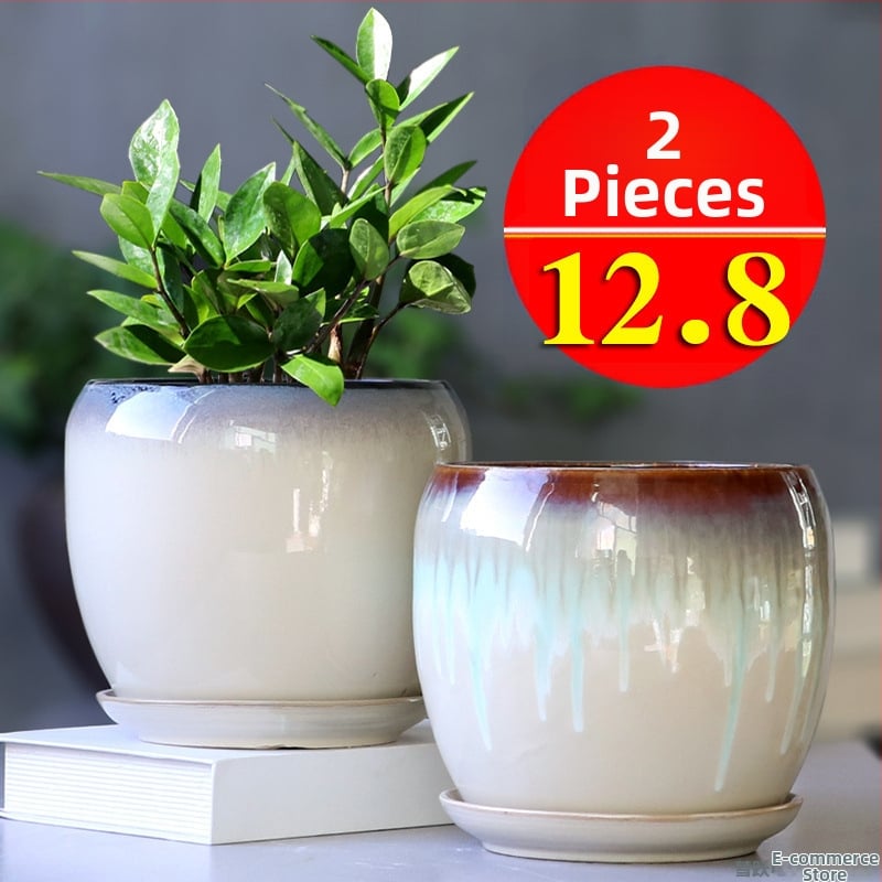 Keramikas puķu pods ar paliktni, olu formā, vienkāršs stils, stāvošs uz grīdas, piemērots mājas un dārza audzēšanai