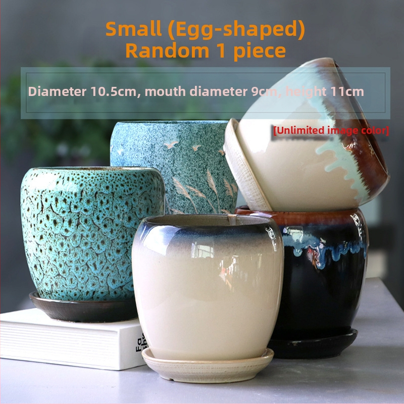 Keramikas puķu pods ar paliktni, olu formā, vienkāršs stils, stāvošs uz grīdas, piemērots mājas un dārza audzēšanai