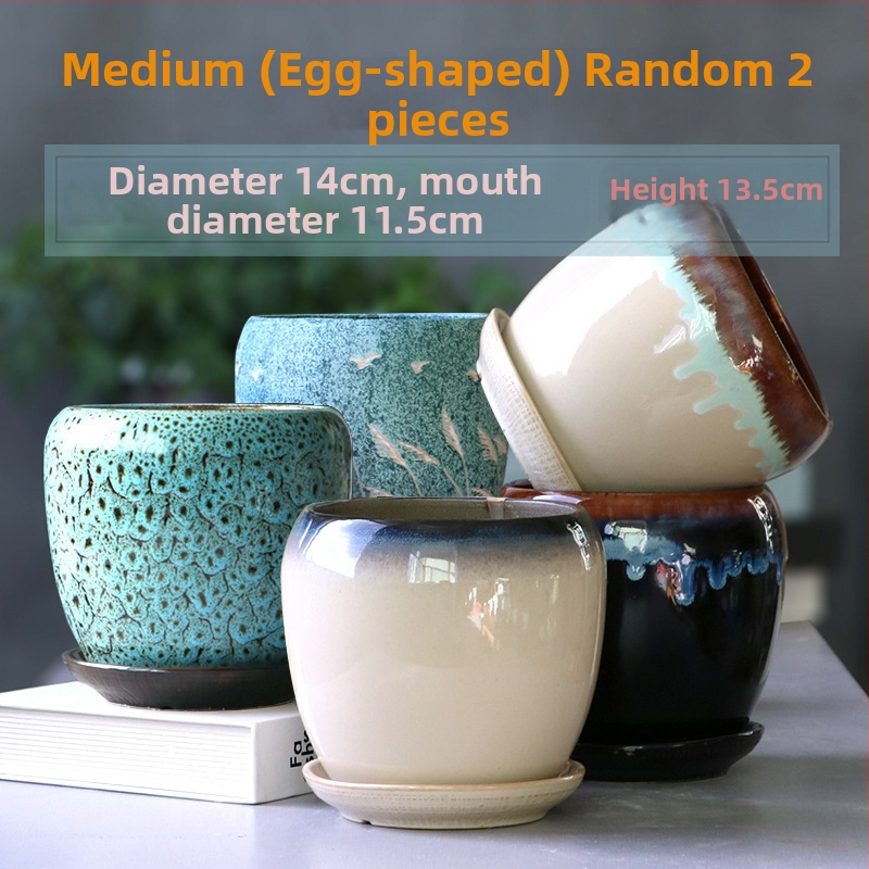 Keramikas puķu pods ar paliktni, olu formā, vienkāršs stils, stāvošs uz grīdas, piemērots mājas un dārza audzēšanai