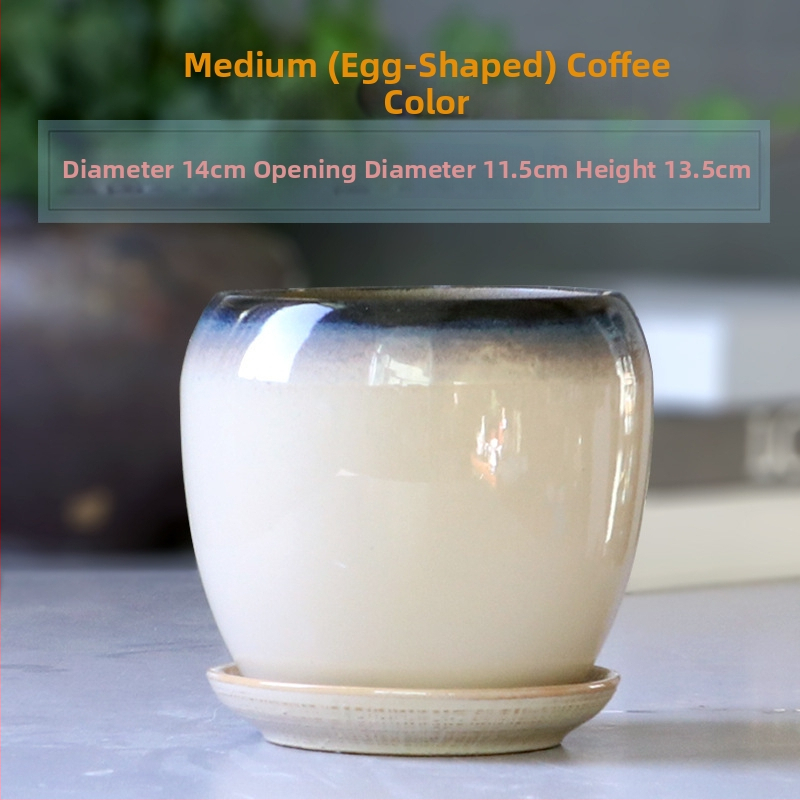 Keramikas puķu pods ar paliktni, olu formā, vienkāršs stils, stāvošs uz grīdas, piemērots mājas un dārza audzēšanai