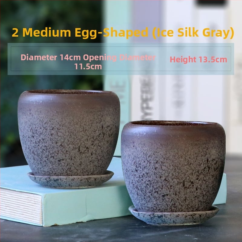 Keramikas puķu pods ar paliktni, olu formā, vienkāršs stils, stāvošs uz grīdas, piemērots mājas un dārza audzēšanai