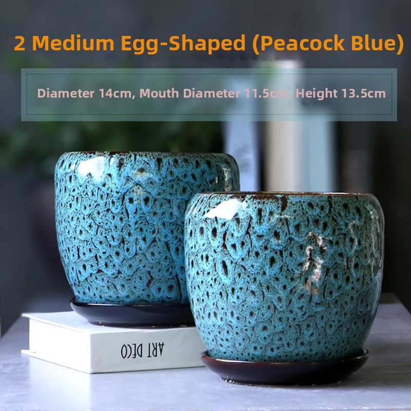 Keramikas puķu pods ar paliktni, olu formā, vienkāršs stils, stāvošs uz grīdas, piemērots mājas un dārza audzēšanai