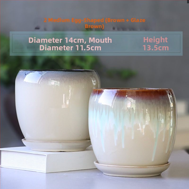 Keramikas puķu pods ar paliktni, olu formā, vienkāršs stils, stāvošs uz grīdas, piemērots mājas un dārza audzēšanai