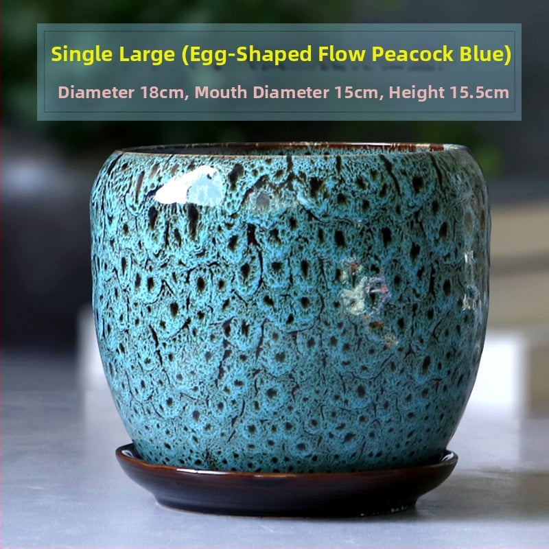 Keramikas puķu pods ar paliktni, olu formā, vienkāršs stils, stāvošs uz grīdas, piemērots mājas un dārza audzēšanai