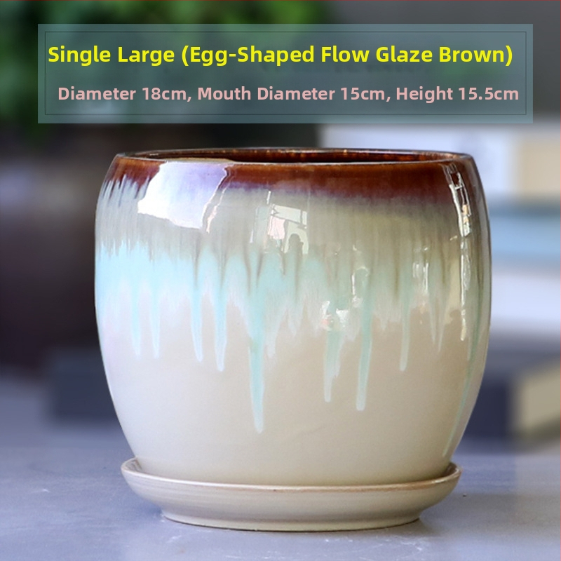 Keramikas puķu pods ar paliktni, olu formā, vienkāršs stils, stāvošs uz grīdas, piemērots mājas un dārza audzēšanai