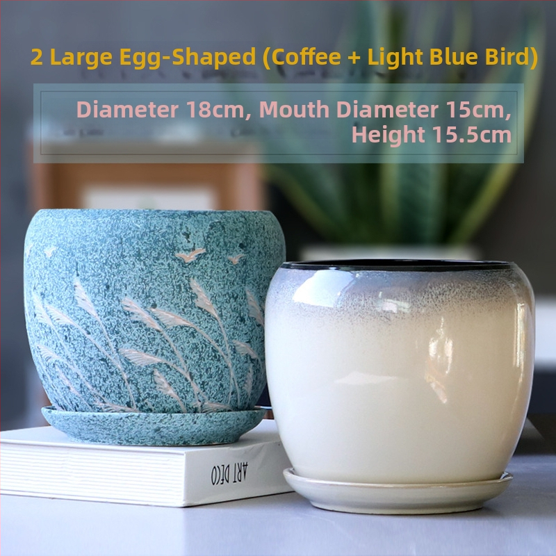 Keramikas puķu pods ar paliktni, olu formā, vienkāršs stils, stāvošs uz grīdas, piemērots mājas un dārza audzēšanai