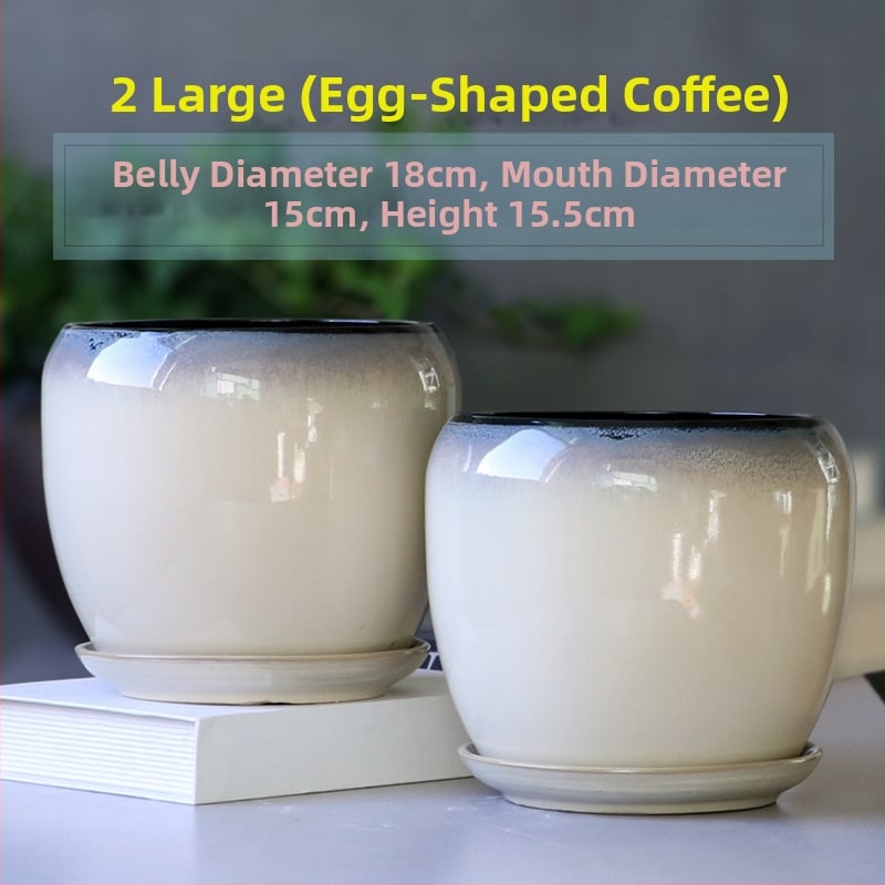 Keramikas puķu pods ar paliktni, olu formā, vienkāršs stils, stāvošs uz grīdas, piemērots mājas un dārza audzēšanai