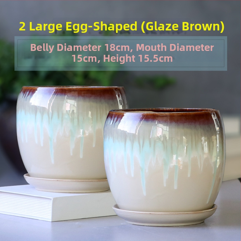Keramikas puķu pods ar paliktni, olu formā, vienkāršs stils, stāvošs uz grīdas, piemērots mājas un dārza audzēšanai
