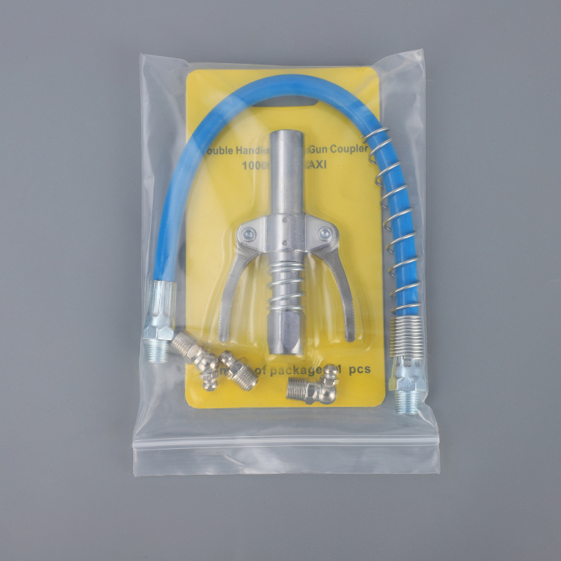 Tepalų jungčių rinkinys su dviejų rankenų užrakinimu, aukšto slėgio, savarankiškai užrakinamas plokščio galvutės tepalų jungtis — Medžiaga: lydinys; Darbinis slėgis: kreipkitės į klientų aptarnavimą; Panaudojimas: tepalų pistolei; Maitinimas: rankinis