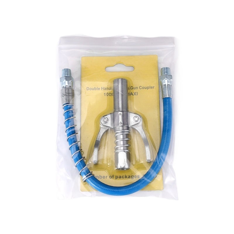 Tepalų jungčių rinkinys su dviejų rankenų užrakinimu, aukšto slėgio, savarankiškai užrakinamas plokščio galvutės tepalų jungtis — Medžiaga: lydinys; Darbinis slėgis: kreipkitės į klientų aptarnavimą; Panaudojimas: tepalų pistolei; Maitinimas: rankinis