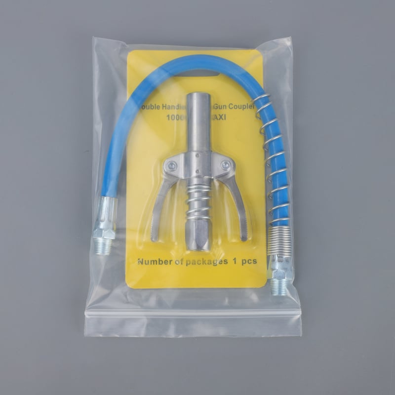 Tepalų jungčių rinkinys su dviejų rankenų užrakinimu, aukšto slėgio, savarankiškai užrakinamas plokščio galvutės tepalų jungtis — Medžiaga: lydinys; Darbinis slėgis: kreipkitės į klientų aptarnavimą; Panaudojimas: tepalų pistolei; Maitinimas: rankinis