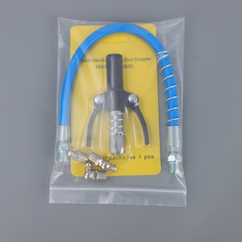 Tepalų jungčių rinkinys su dviejų rankenų užrakinimu, aukšto slėgio, savarankiškai užrakinamas plokščio galvutės tepalų jungtis — Medžiaga: lydinys; Darbinis slėgis: kreipkitės į klientų aptarnavimą; Panaudojimas: tepalų pistolei; Maitinimas: rankinis