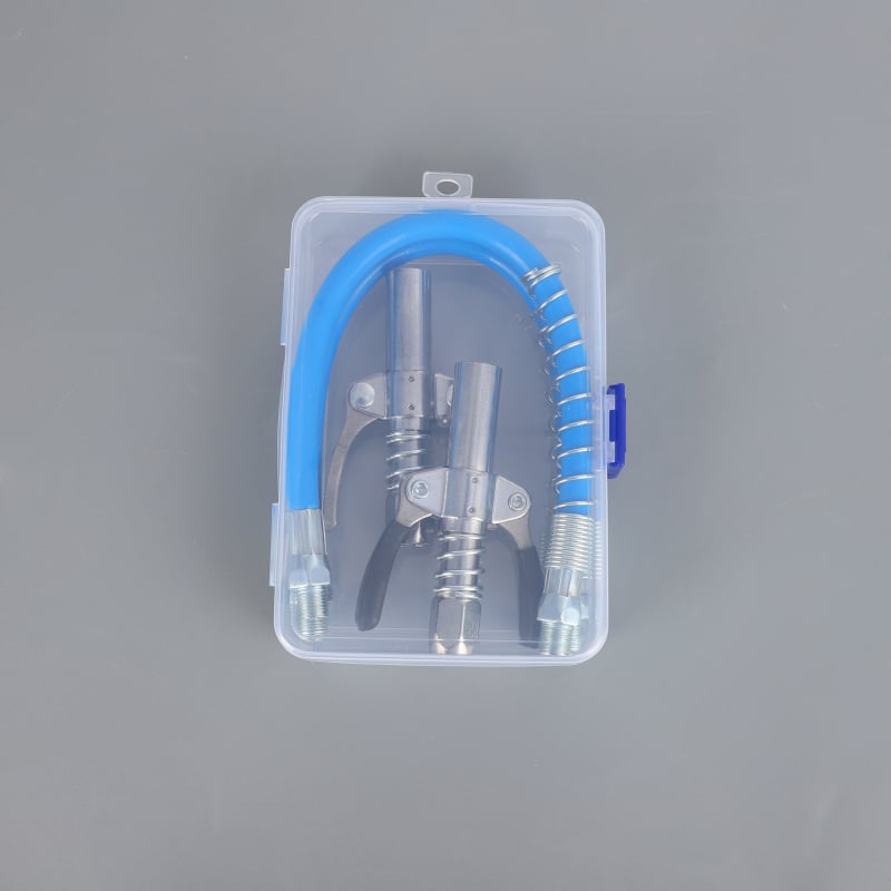 Tepalų jungčių rinkinys su dviejų rankenų užrakinimu, aukšto slėgio, savarankiškai užrakinamas plokščio galvutės tepalų jungtis — Medžiaga: lydinys; Darbinis slėgis: kreipkitės į klientų aptarnavimą; Panaudojimas: tepalų pistolei; Maitinimas: rankinis