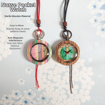 Medicinos kišeninis laikrodis – medinis retro dizainas slaugytojai/gydytojui, infuzijos įrašas, tylus veikimas (kvarcinis Miyota PC21 mechanizmas, 49 mm ciferblatas, medinis korpusas, metalinis dirželis, spiralinė krona)