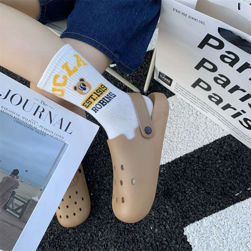 Ženske Crocs stil klompe s PVC gornjim dijelom, unutarnja koža, protuklizne, lagane, mekani debeli potplat, crtani/monohrom dizajn