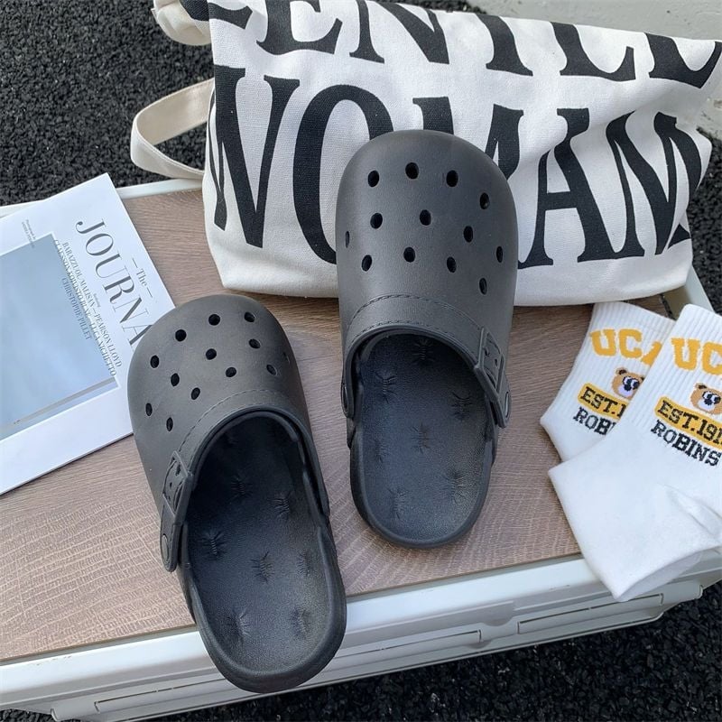 Ženske Crocs stil klompe s PVC gornjim dijelom, unutarnja koža, protuklizne, lagane, mekani debeli potplat, crtani/monohrom dizajn