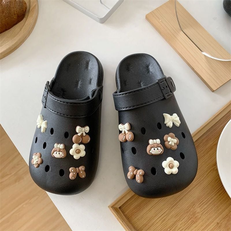 Ženske Crocs stil klompe s PVC gornjim dijelom, unutarnja koža, protuklizne, lagane, mekani debeli potplat, crtani/monohrom dizajn