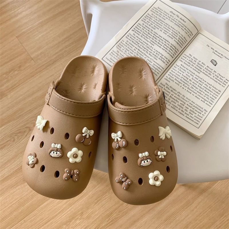 Ženske Crocs stil klompe s PVC gornjim dijelom, unutarnja koža, protuklizne, lagane, mekani debeli potplat, crtani/monohrom dizajn