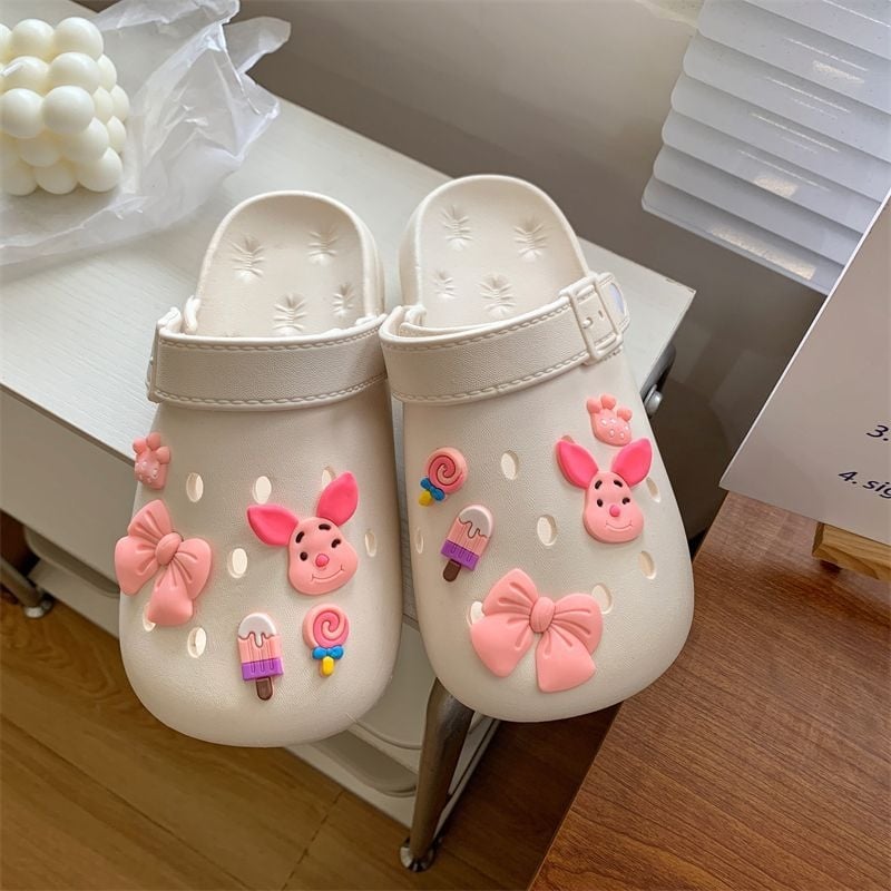 Ženske Crocs stil klompe s PVC gornjim dijelom, unutarnja koža, protuklizne, lagane, mekani debeli potplat, crtani/monohrom dizajn