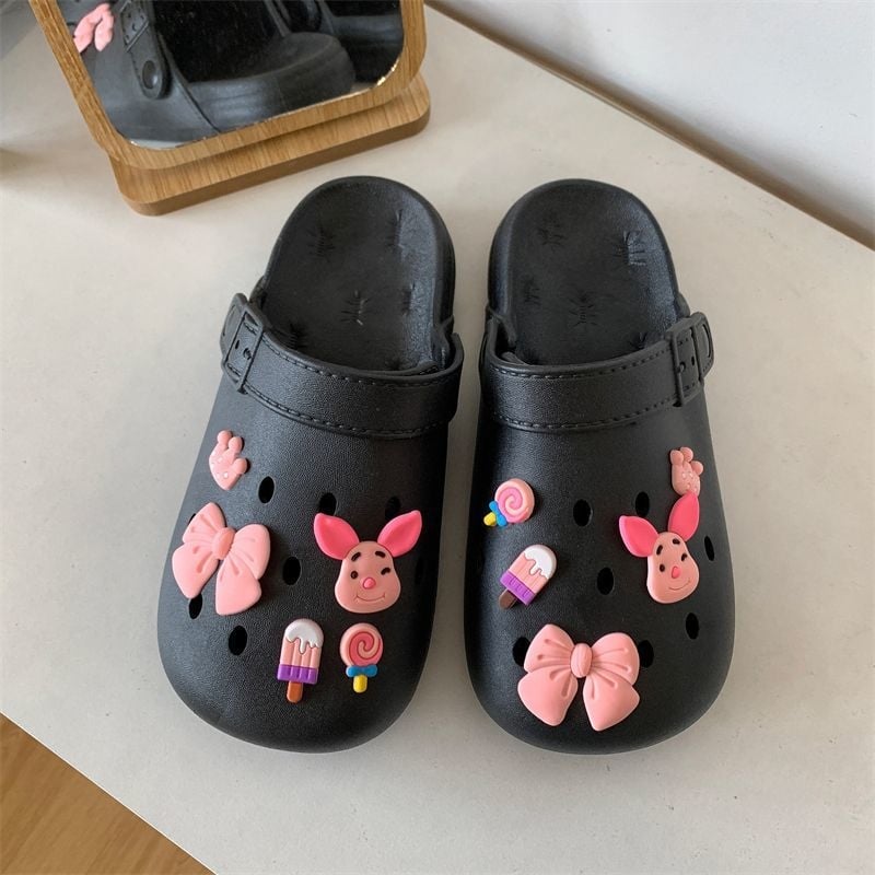 Ženske Crocs stil klompe s PVC gornjim dijelom, unutarnja koža, protuklizne, lagane, mekani debeli potplat, crtani/monohrom dizajn