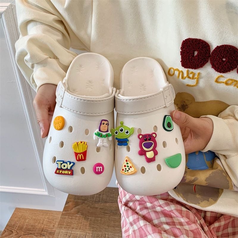 Ženske Crocs stil klompe s PVC gornjim dijelom, unutarnja koža, protuklizne, lagane, mekani debeli potplat, crtani/monohrom dizajn